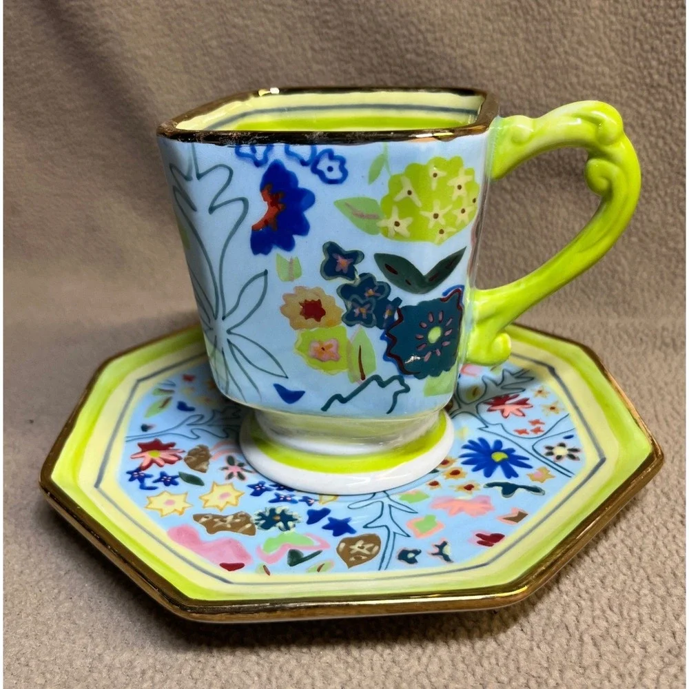 Tracy Porter Hand Painted Floral Ceramic Espresso Cup and Octagonal Saucer Set